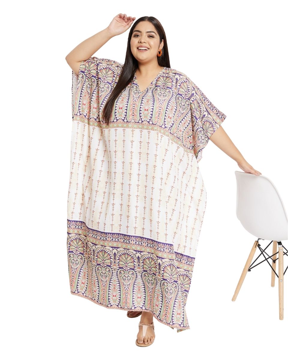 Floral Printed Cream Plus Size Polyester Kaftan Dress For Women