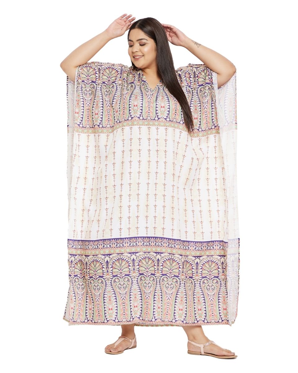 Floral Printed Cream Plus Size Polyester Kaftan Dress For Women