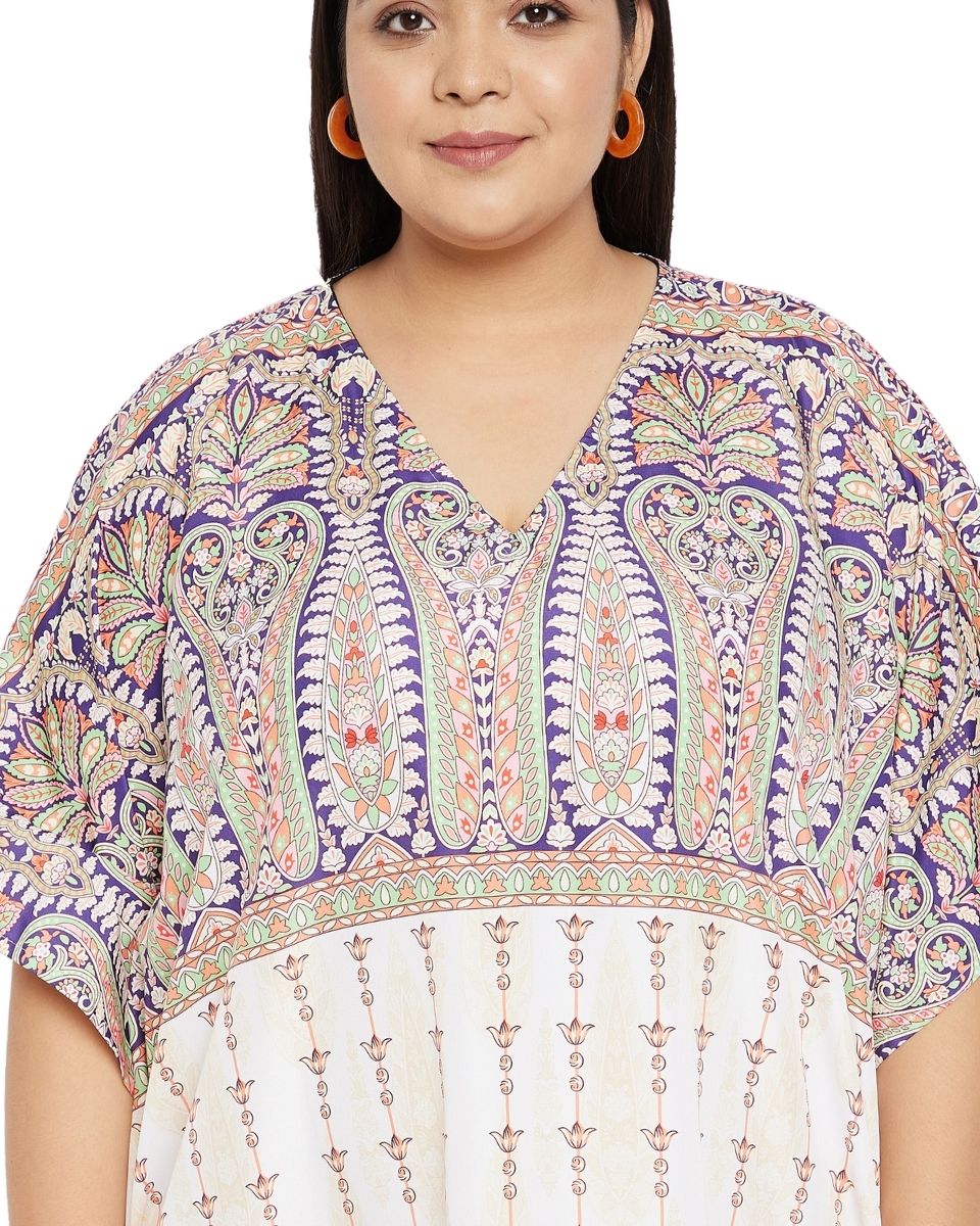 Floral Printed Cream Plus Size Polyester Kaftan Dress For Women