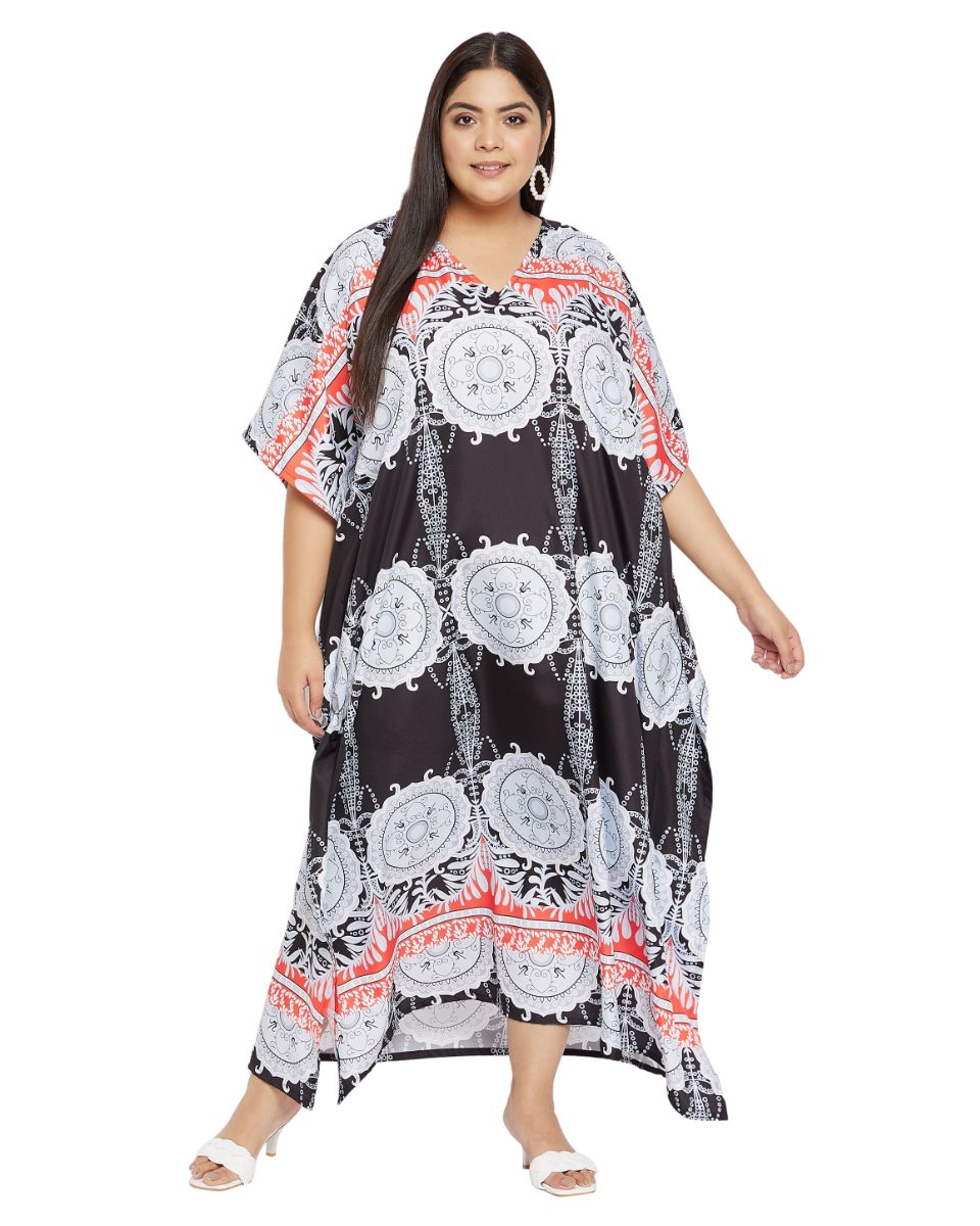 Geometric Printed Black Polyester Kaftan Dress For Plus Size Women