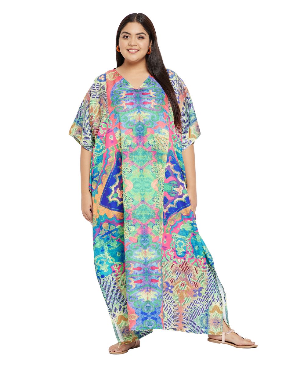 Abstract Printed Multicolor Polyester Kaftan Plus Size Dress For Women