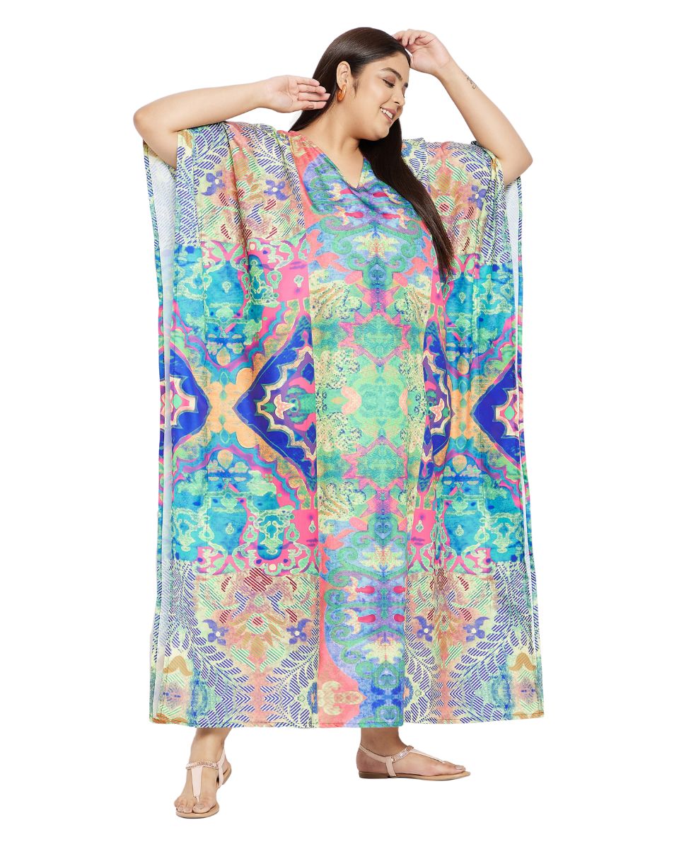Abstract Printed Multicolor Polyester Kaftan Plus Size Dress For Women