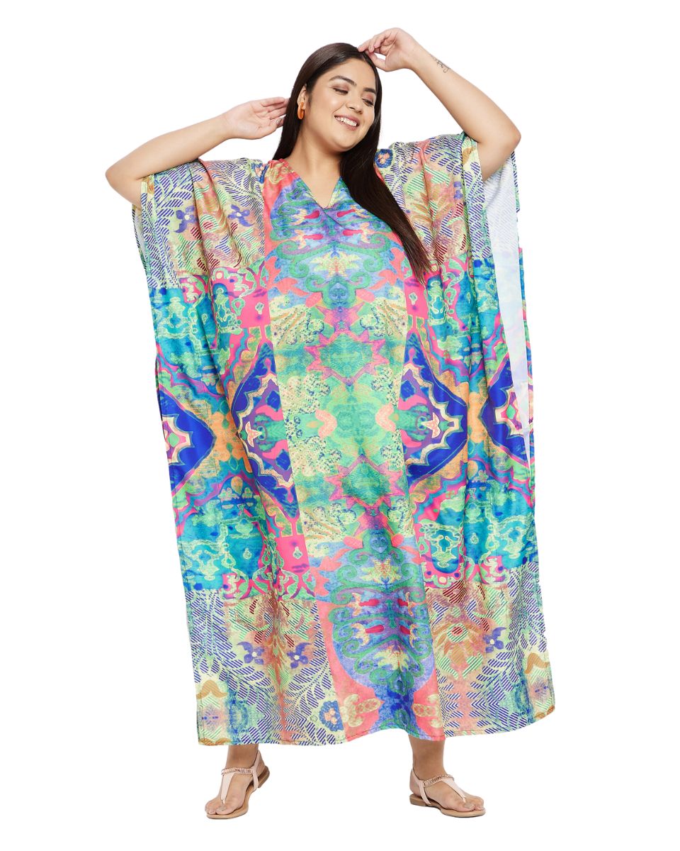Abstract Printed Multicolor Polyester Kaftan Plus Size Dress For Women