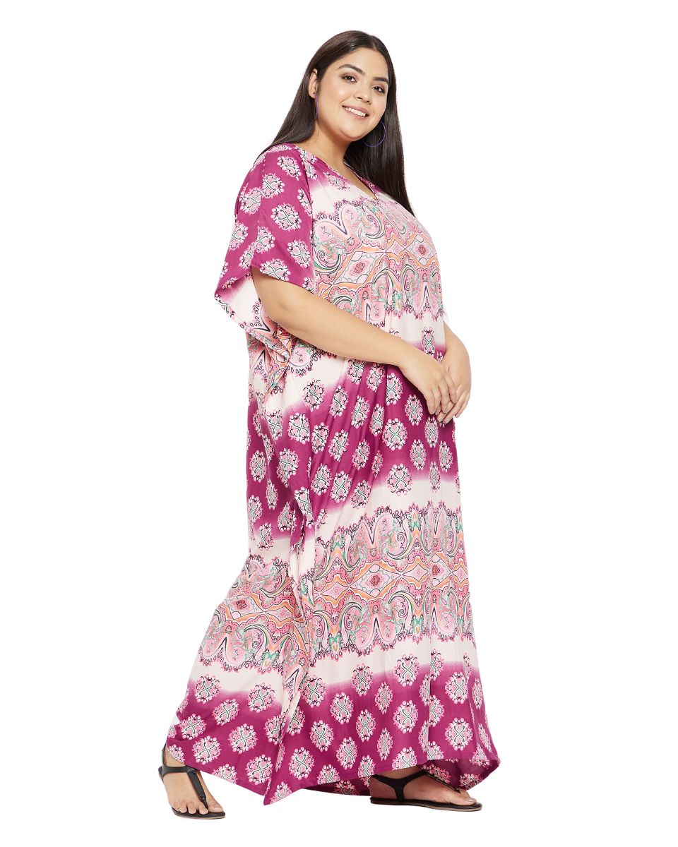 Floral Printed Pink Polyester Kaftan Plus Size Dress For Women
