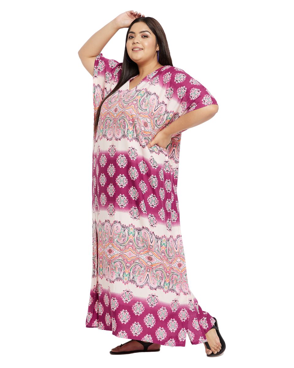 Floral Printed Pink Polyester Kaftan Plus Size Dress For Women
