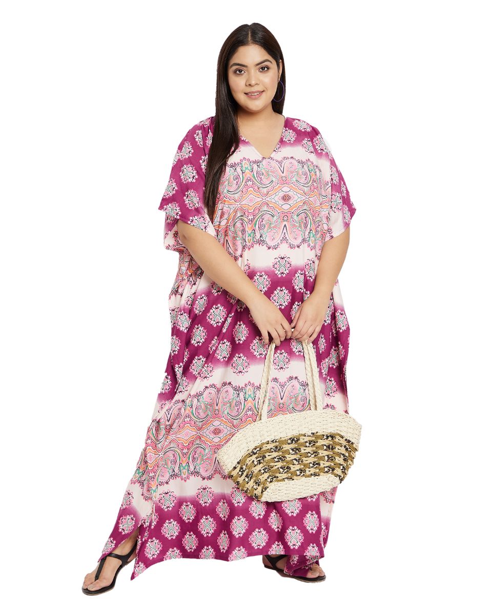 Floral Printed Pink Polyester Kaftan Plus Size Dress For Women
