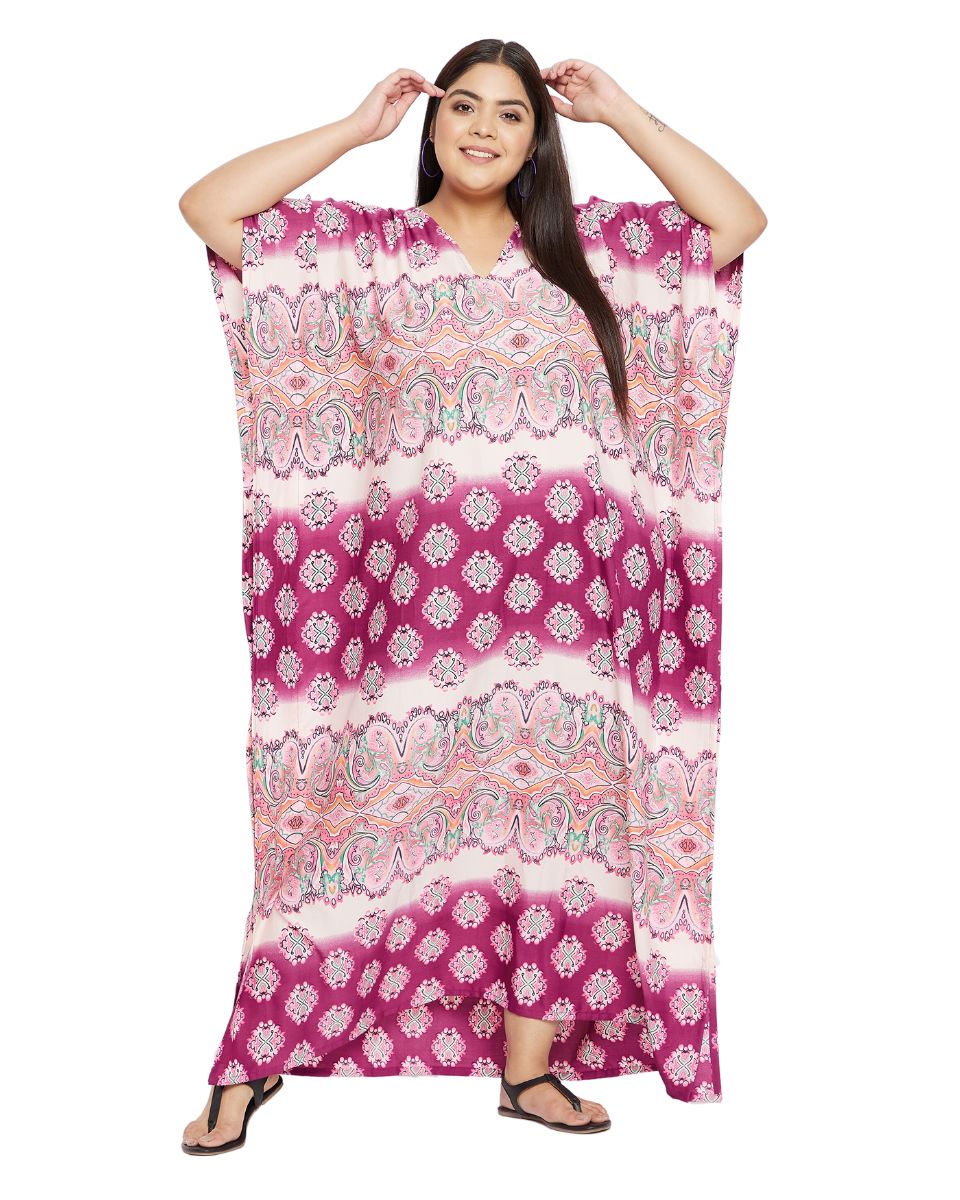 Floral Printed Pink Polyester Kaftan Plus Size Dress For Women