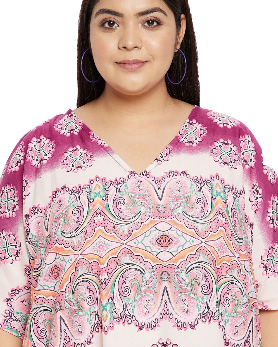 Floral Printed Pink Polyester Kaftan Plus Size Dress For Women