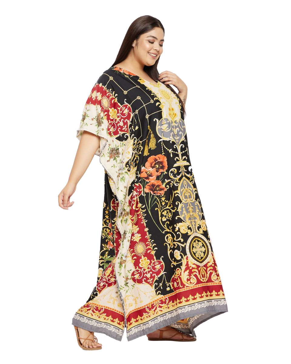 Floral Printed Black Polyester Plus Size Kaftan Dress For Women