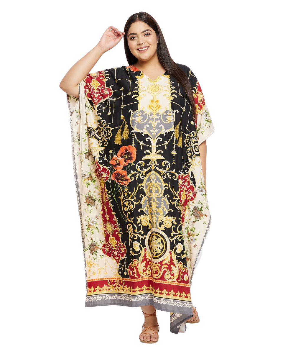 Floral Printed Black Polyester Plus Size Kaftan Dress For Women