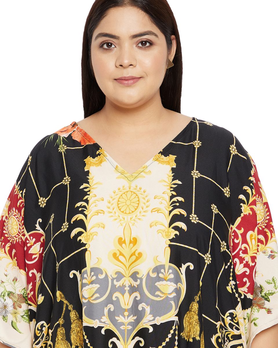 Floral Printed Black Polyester Plus Size Kaftan Dress For Women