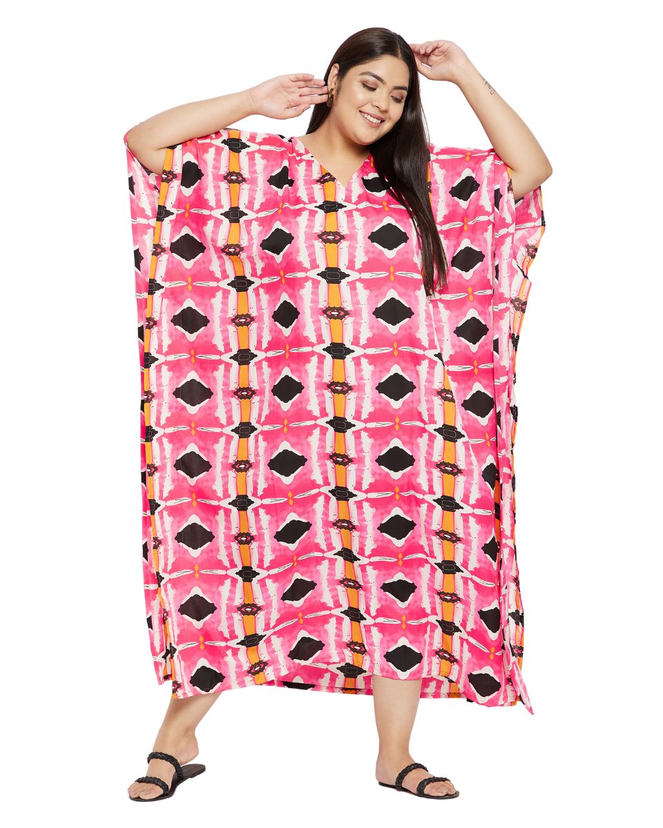 Geometric Printed Pink Polyester Plus Size Kaftan Dress For Women