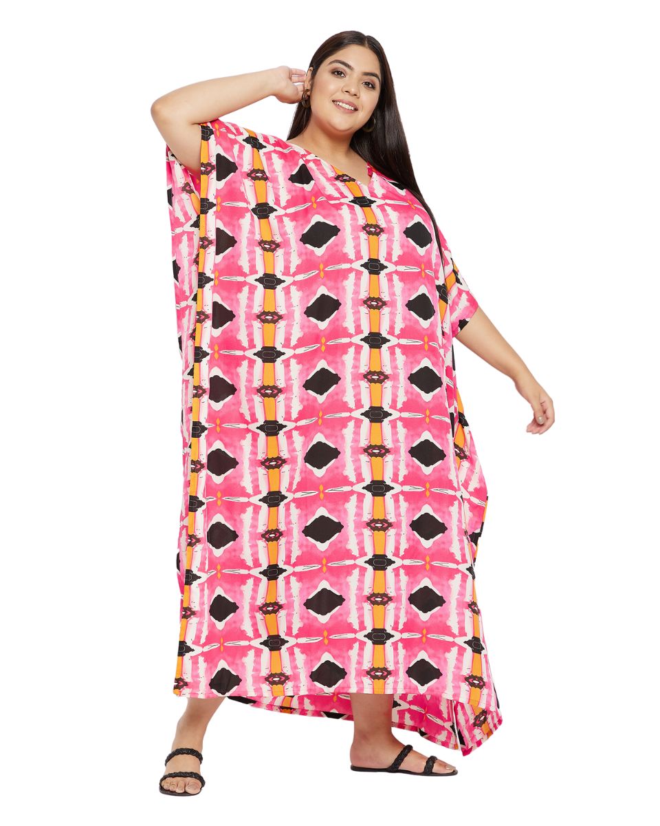 Geometric Printed Pink Polyester Plus Size Kaftan Dress For Women