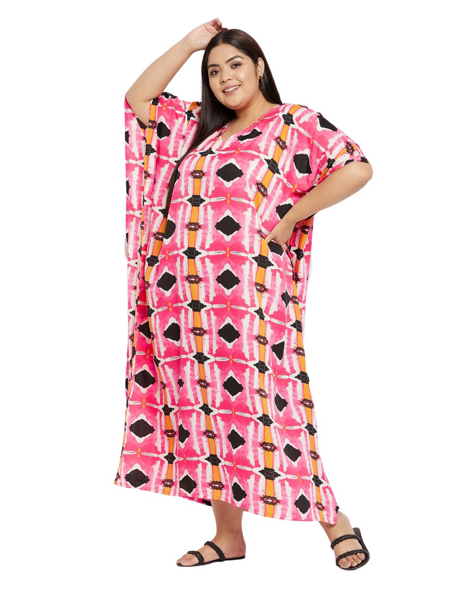 Geometric Printed Pink Polyester Plus Size Kaftan Dress For Women