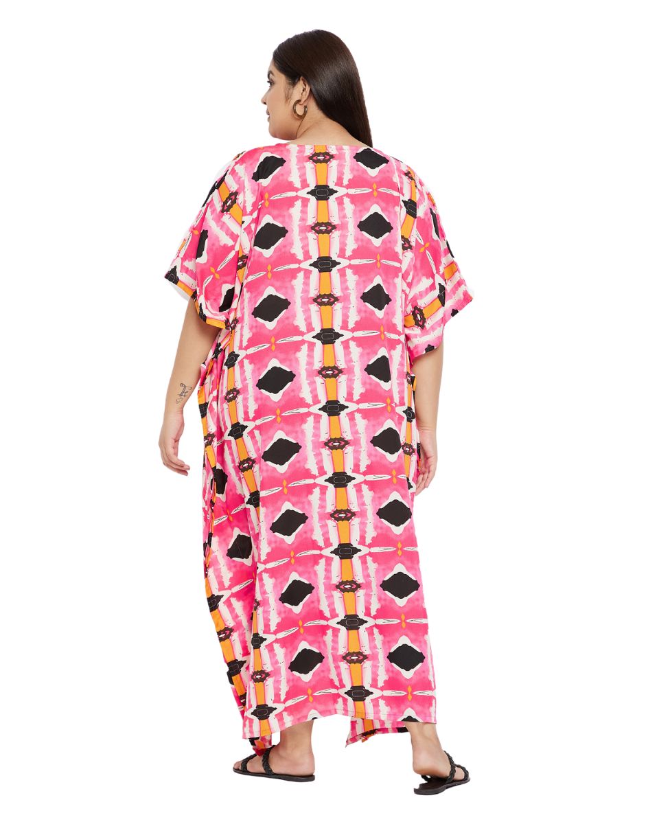 Geometric Printed Pink Polyester Plus Size Kaftan Dress For Women