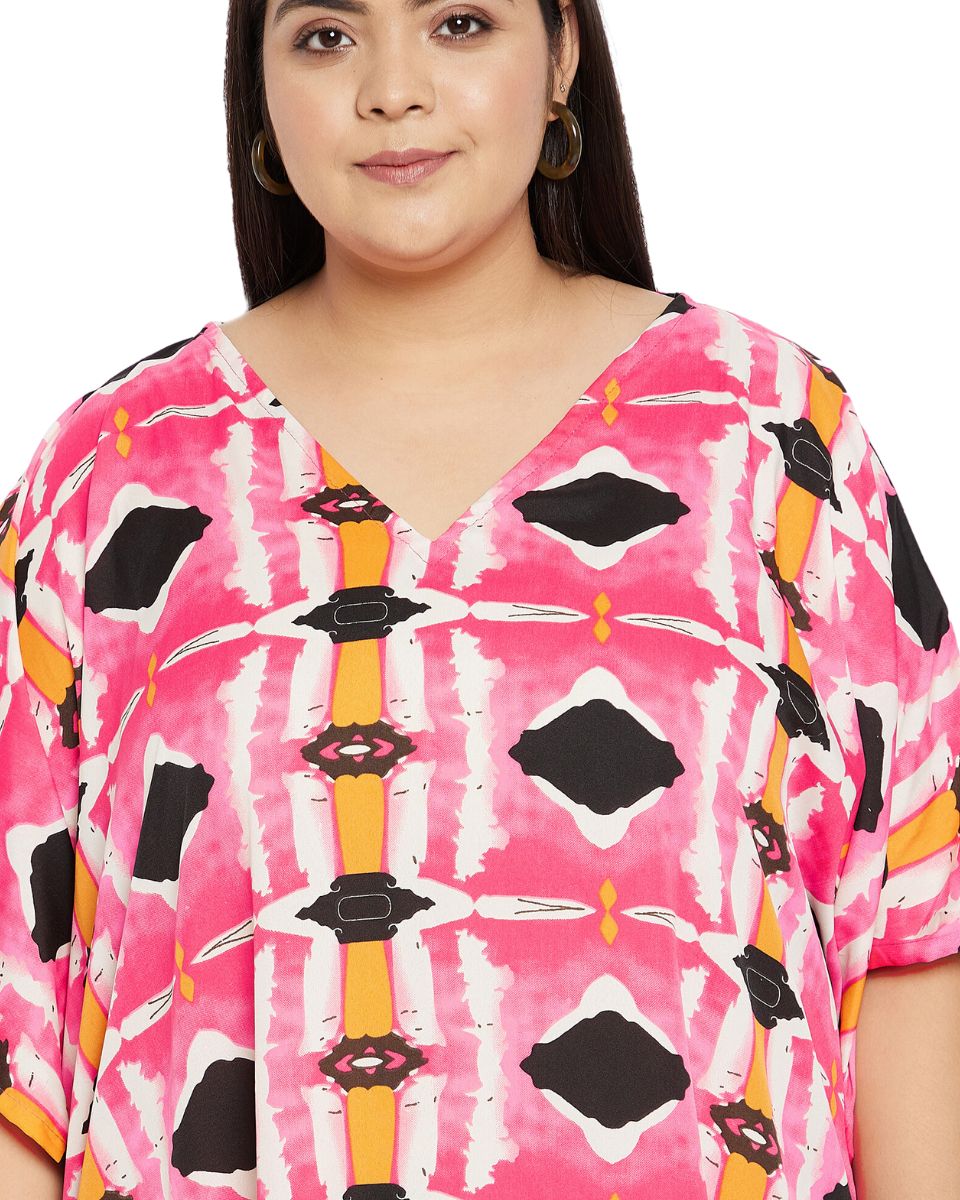 Geometric Printed Pink Polyester Plus Size Kaftan Dress For Women