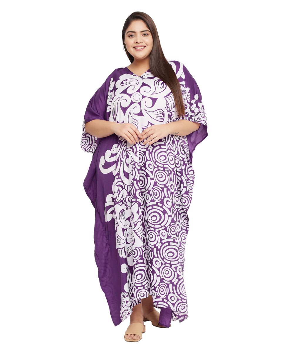 Floral Printed Purple Polyester Plus Size Caftan Dress For Women