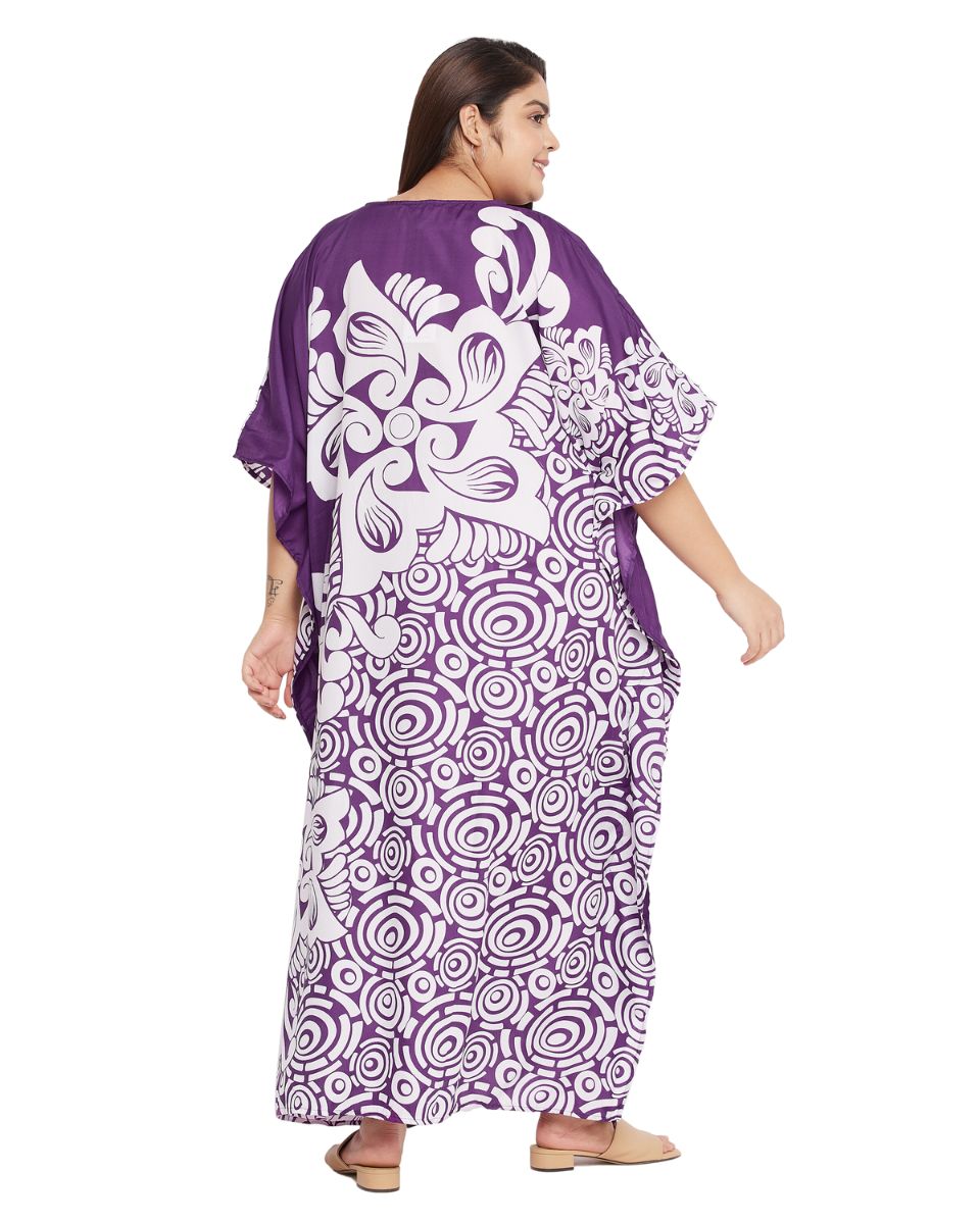 Floral Printed Purple Polyester Plus Size Caftan Dress For Women