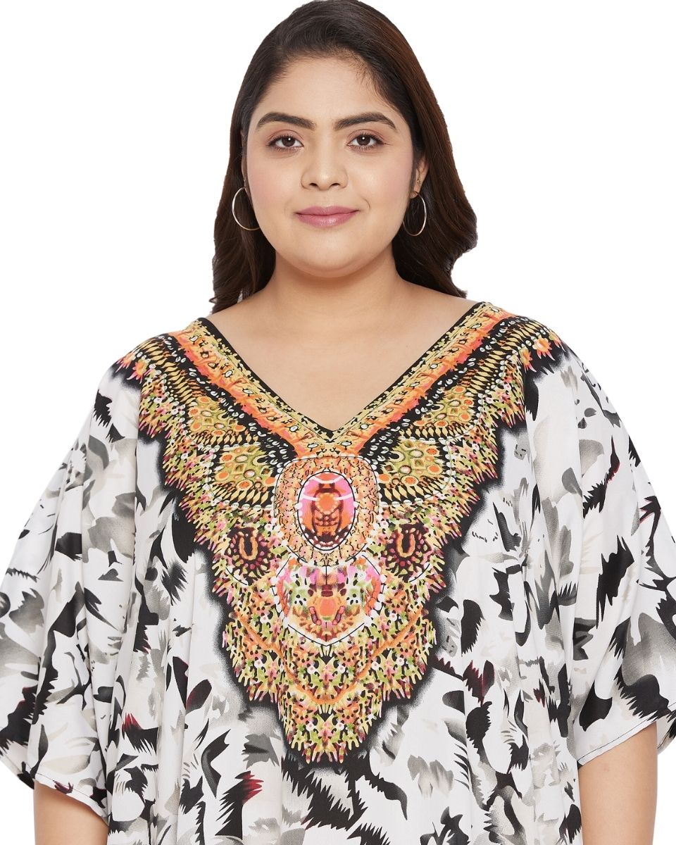 Tribal Printed White Polyester Kaftan For Plus Size Women
