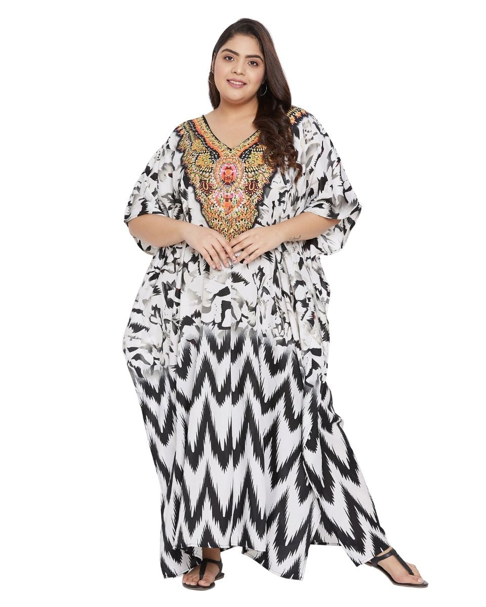 Tribal Printed White Polyester Kaftan For Plus Size Women