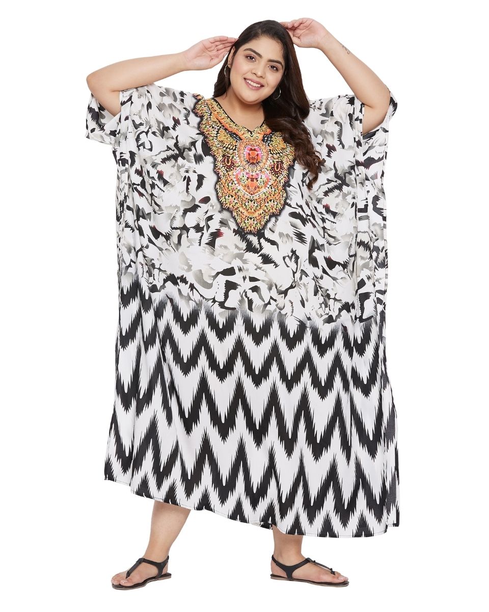 Tribal Printed White Polyester Kaftan For Plus Size Women