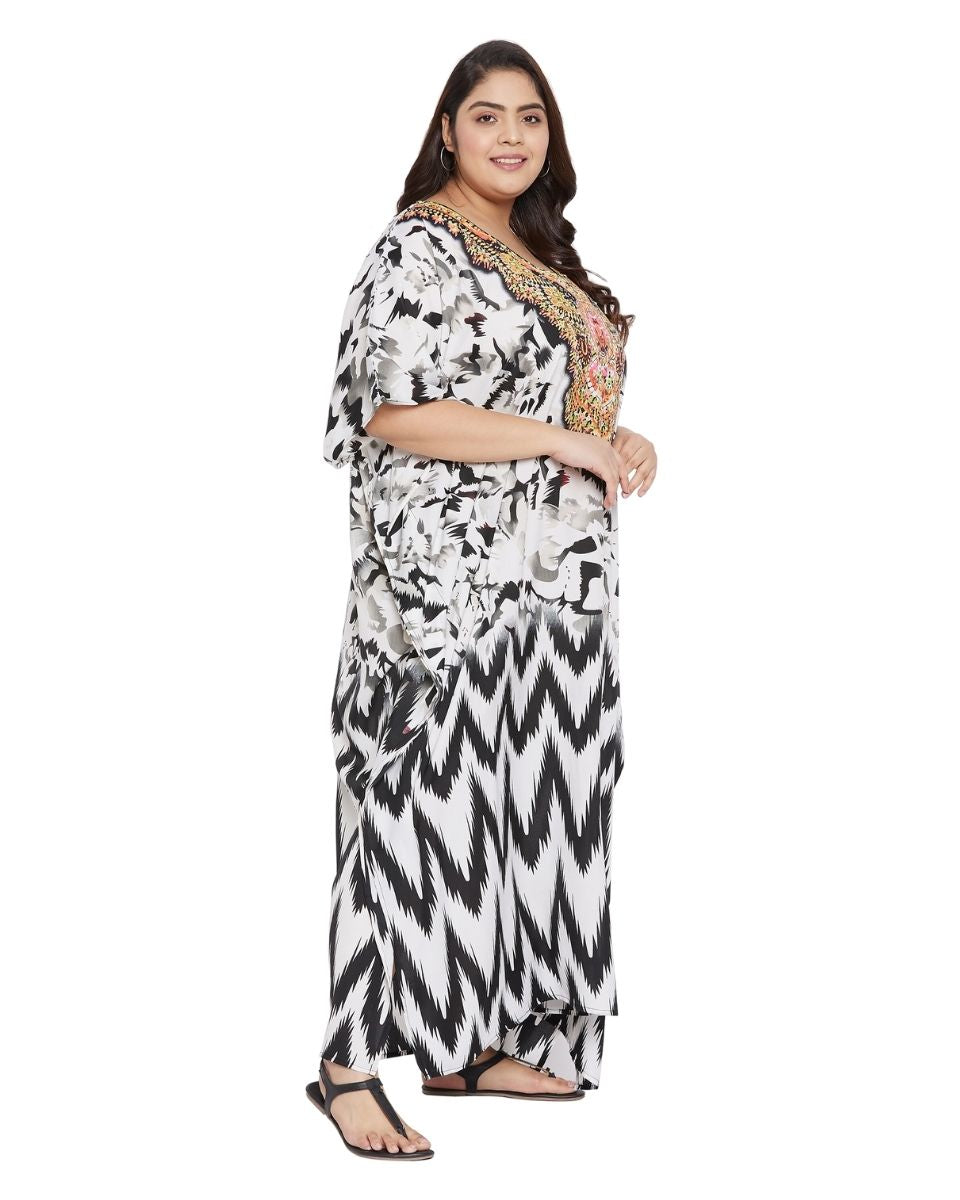 Tribal Printed White Polyester Kaftan For Plus Size Women