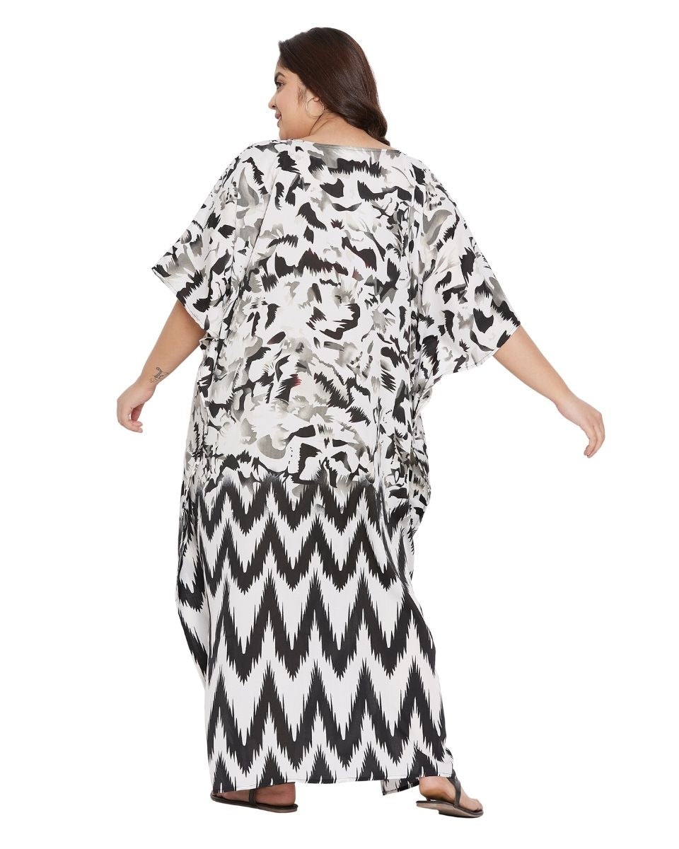 Tribal Printed White Polyester Kaftan For Plus Size Women