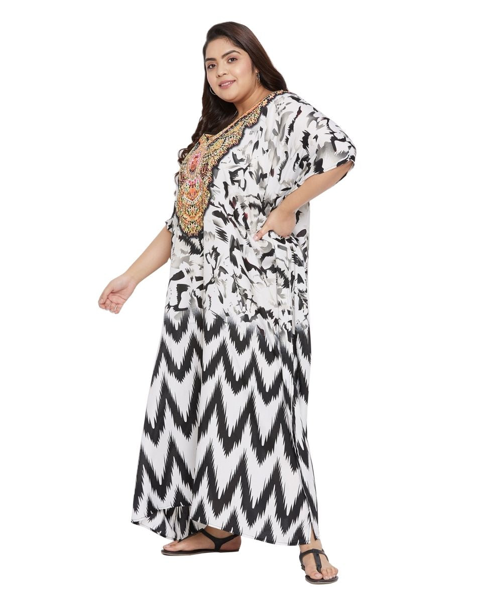 Tribal Printed White Polyester Kaftan For Plus Size Women