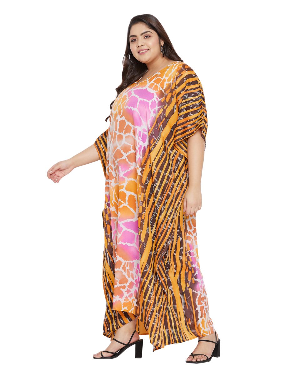Animal Printed Yellow Polyester Kaftan Dress For Plus Size Women