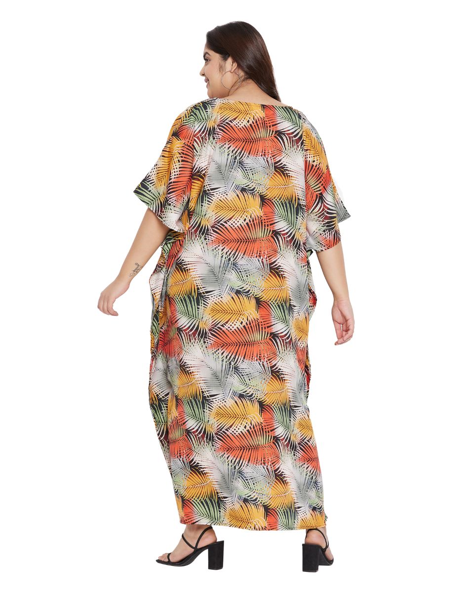 Leaf Printed Multicolor Polyester Plus Size Kaftan Dress For Women