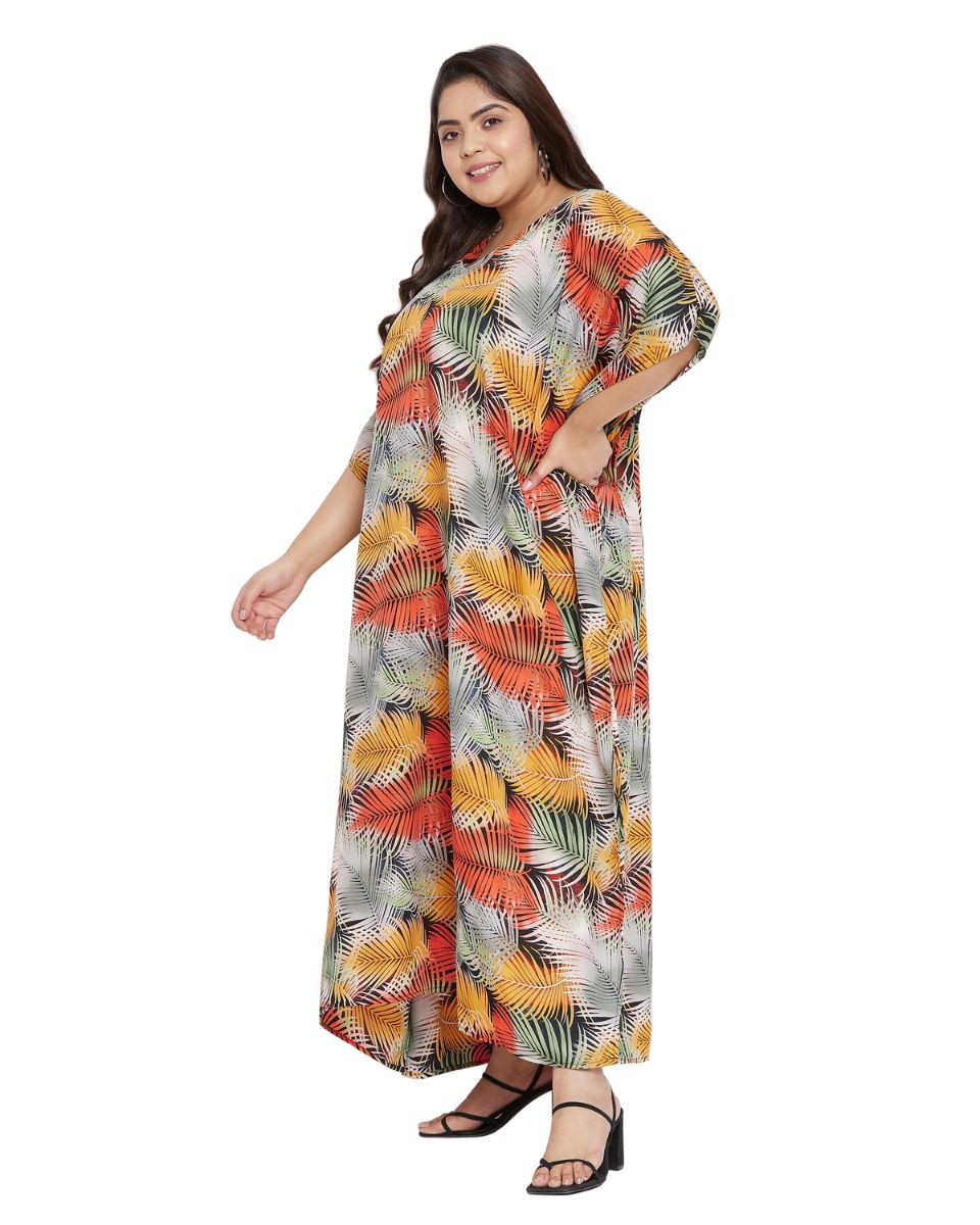 Leaf Printed Multicolor Polyester Plus Size Kaftan Dress For Women