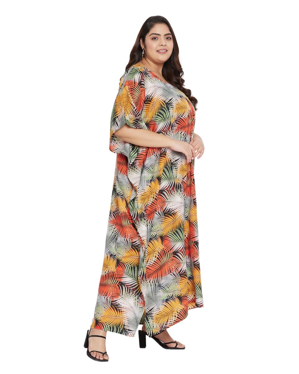 Leaf Printed Multicolor Polyester Plus Size Kaftan Dress For Women