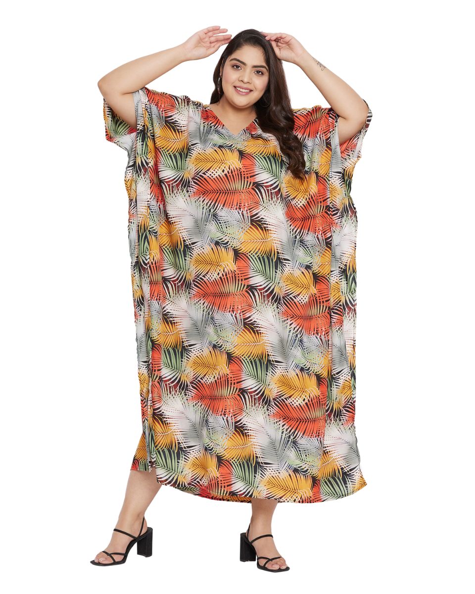 Leaf Printed Multicolor Polyester Plus Size Kaftan Dress For Women