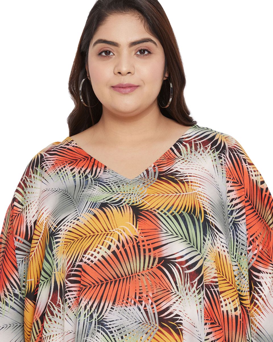 Leaf Printed Multicolor Polyester Plus Size Kaftan Dress For Women