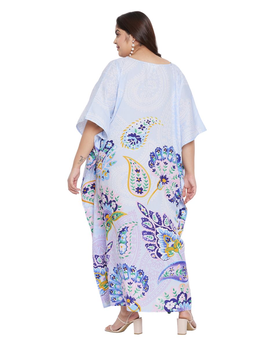Floral Printed White Plus Size Polyester Kaftan Dress For Women