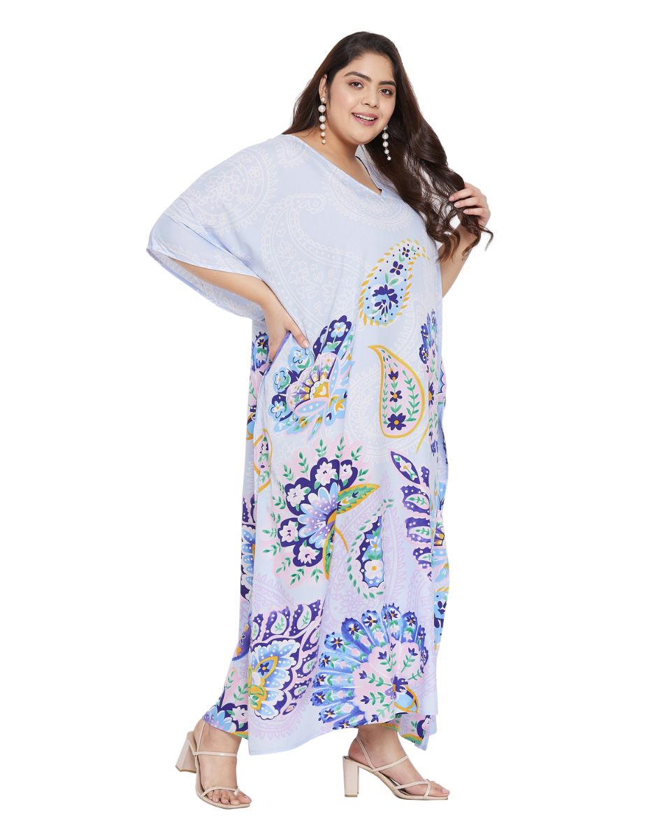 Floral Printed White Plus Size Polyester Kaftan Dress For Women
