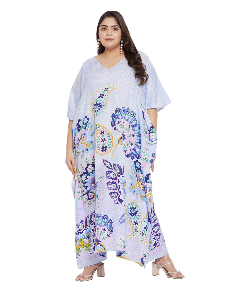 Floral Printed White Plus Size Polyester Kaftan Dress For Women