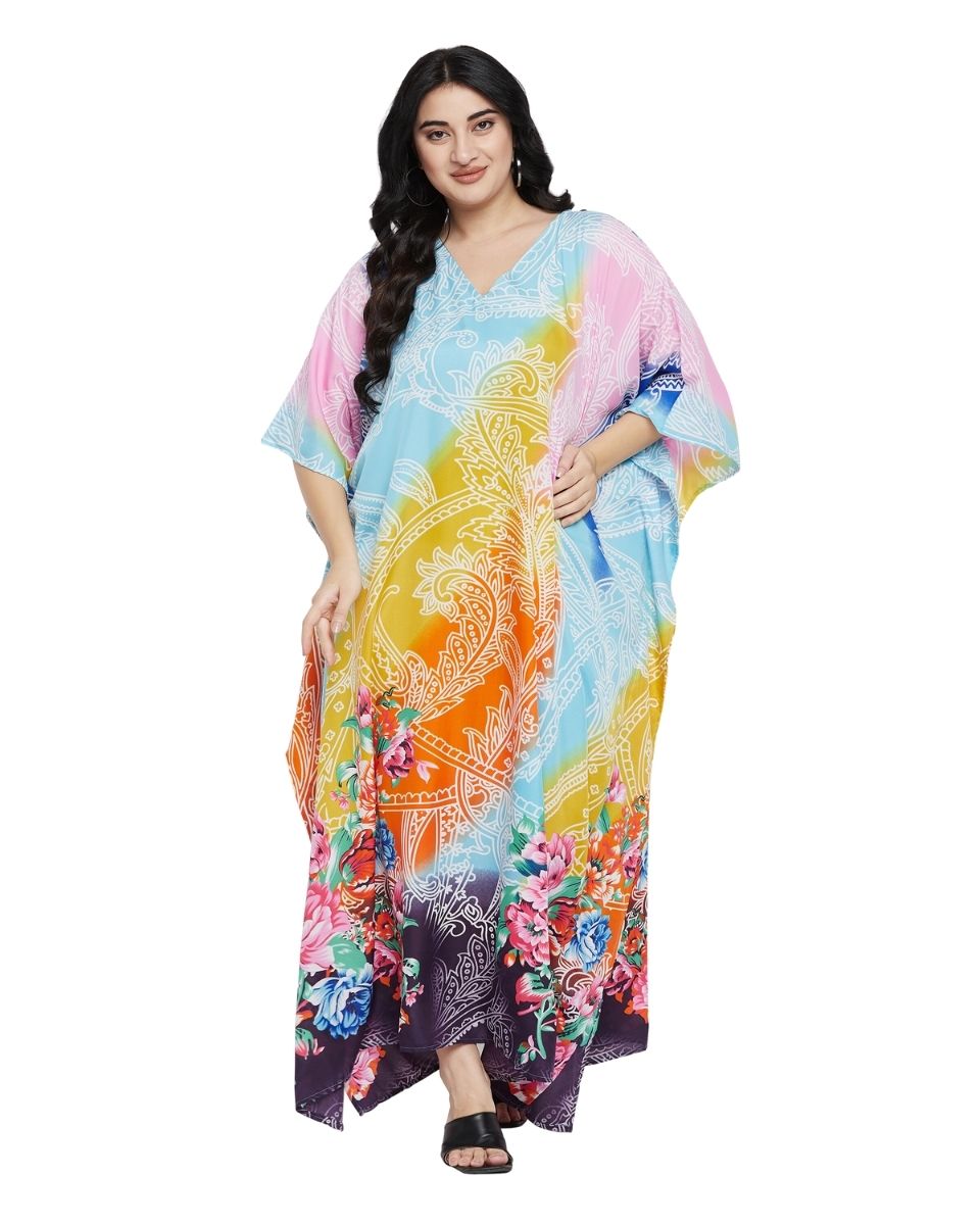 Floral Printed Multicolor Polyester Kaftan Plus Size Dress For Women