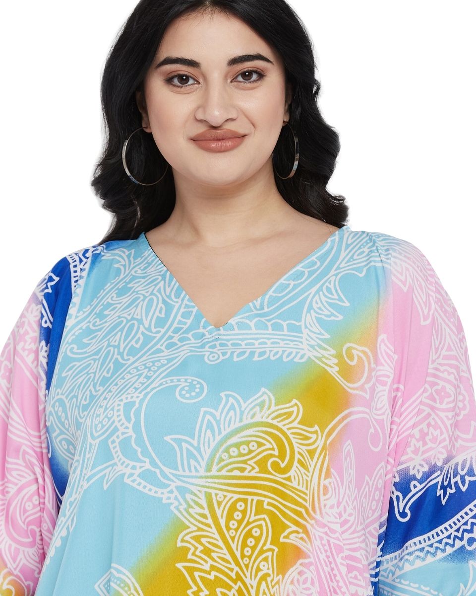 Floral Printed Multicolor Polyester Kaftan Plus Size Dress For Women