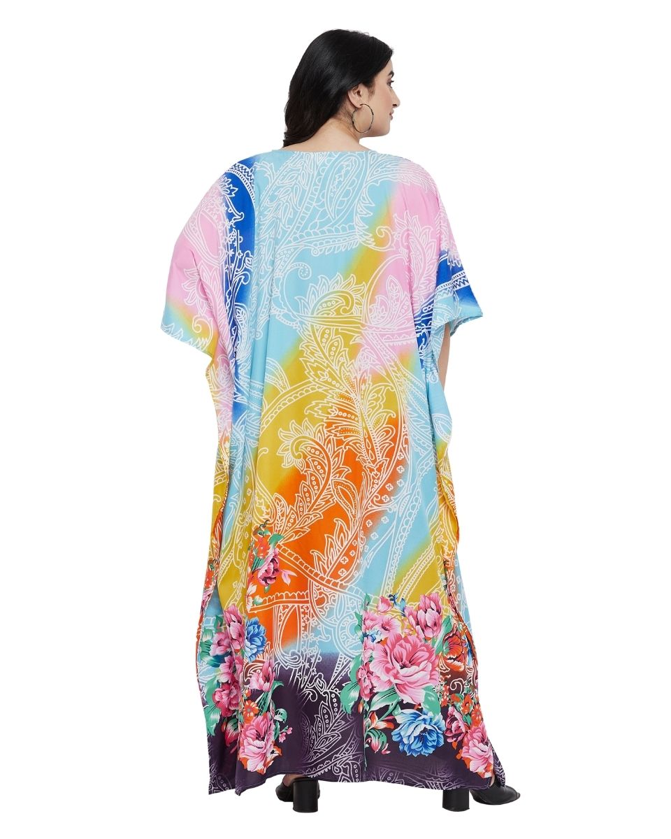 Floral Printed Multicolor Polyester Kaftan Plus Size Dress For Women