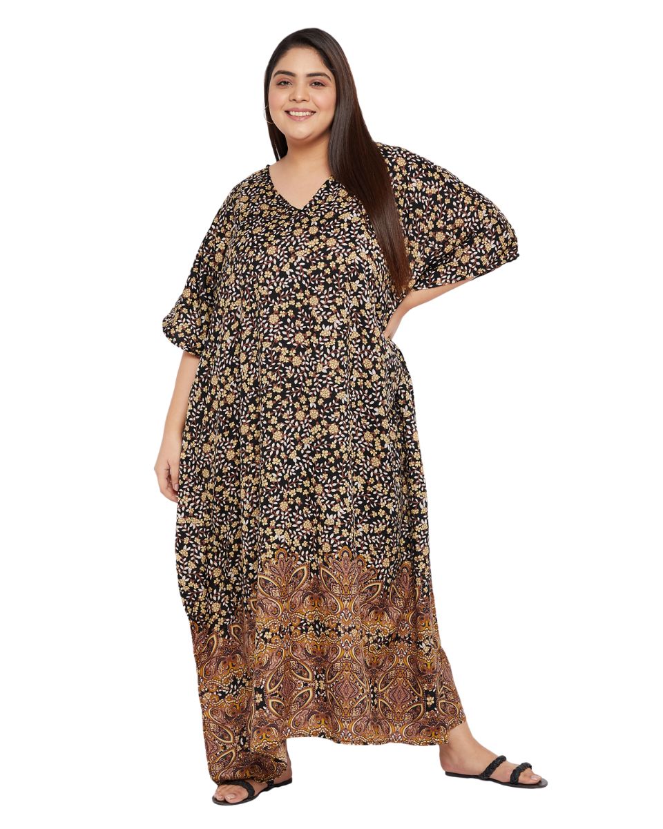 Floral Printed Brown Polyester Plus Size Kaftan Dress For Women