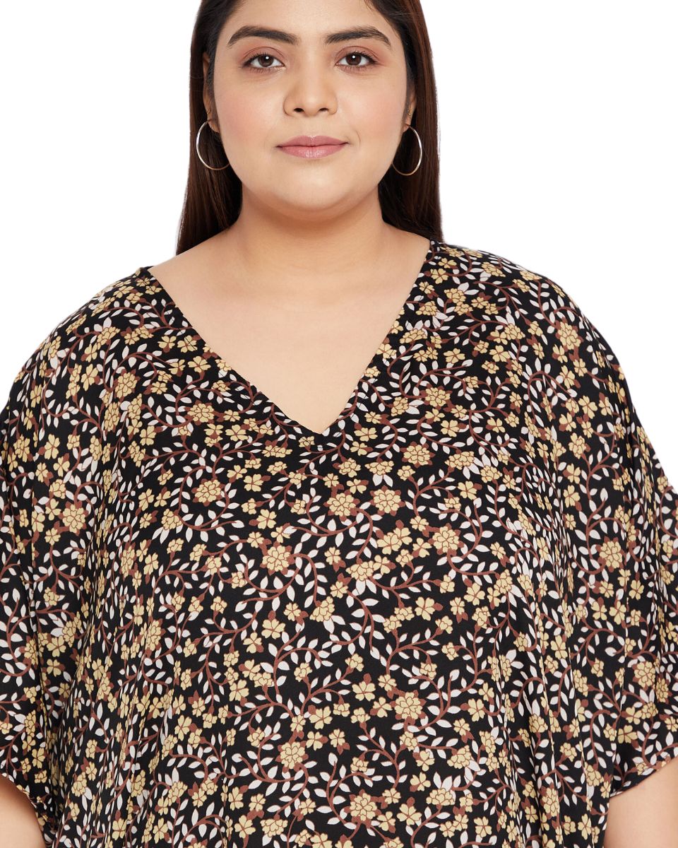 Floral Printed Brown Polyester Plus Size Kaftan Dress For Women