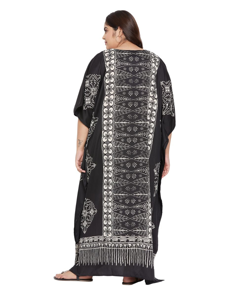 Floral Printed Black Polyester Kaftan Plus Size Dress For Women