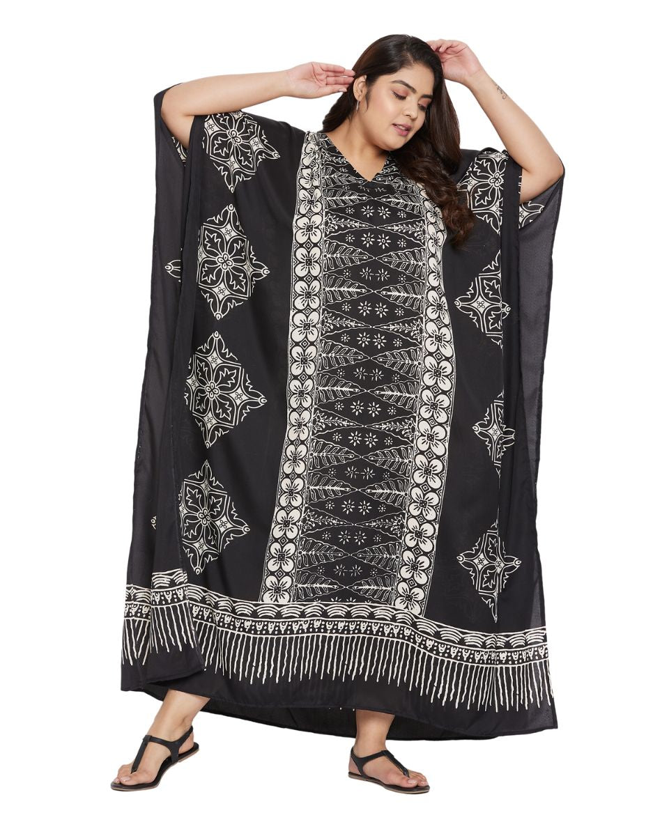 Floral Printed Black Polyester Kaftan Plus Size Dress For Women