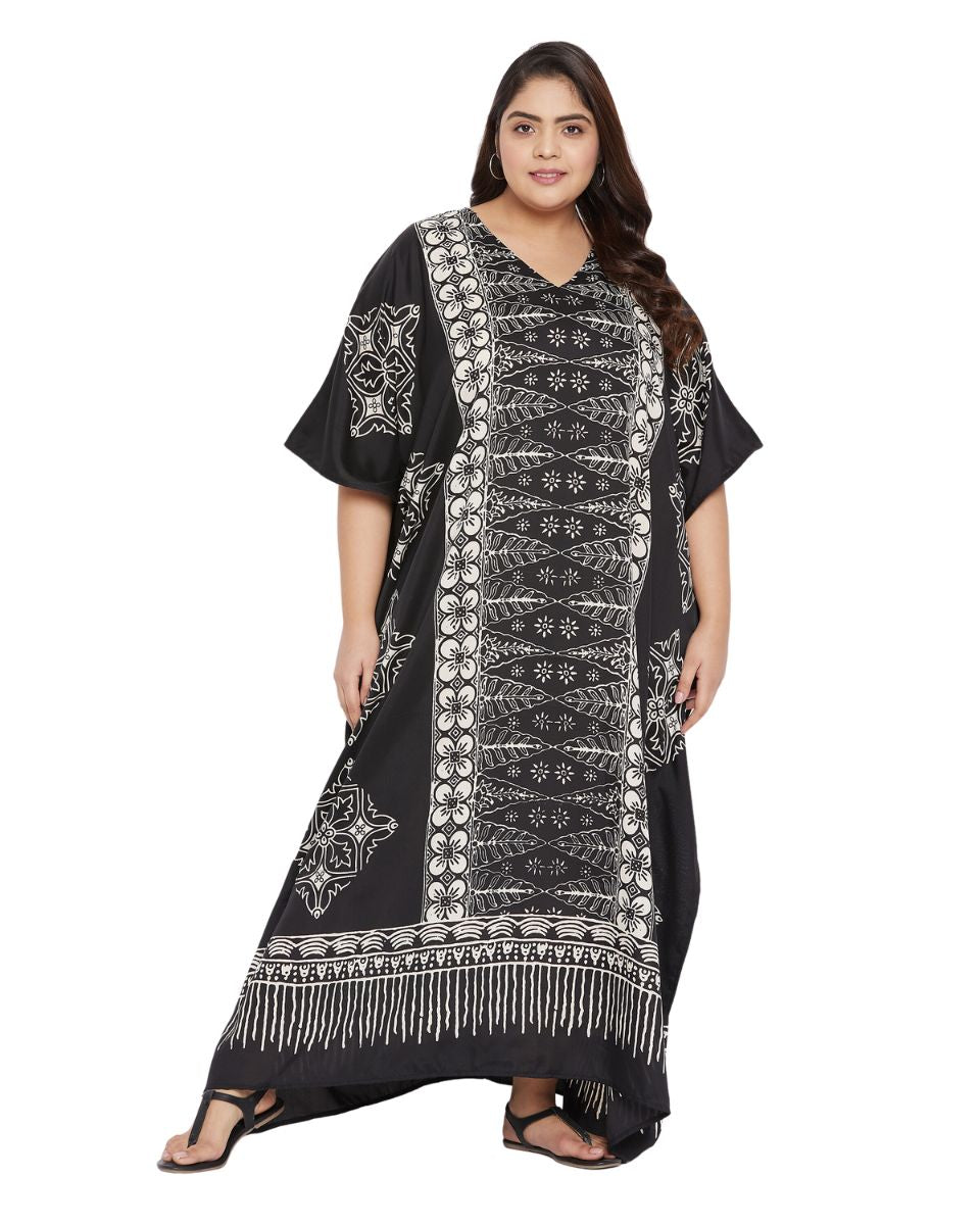 Floral Printed Black Polyester Kaftan Plus Size Dress For Women
