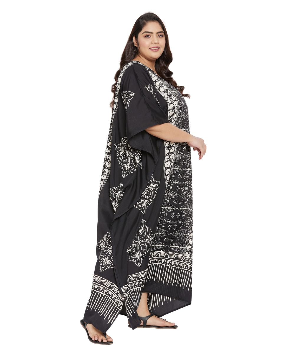 Floral Printed Black Polyester Kaftan Plus Size Dress For Women