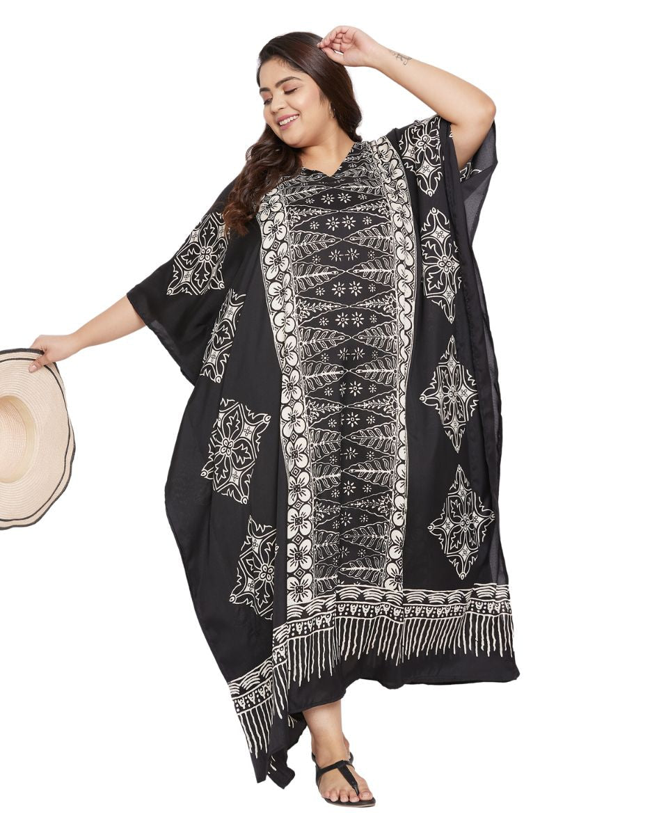 Floral Printed Black Polyester Kaftan Plus Size Dress For Women