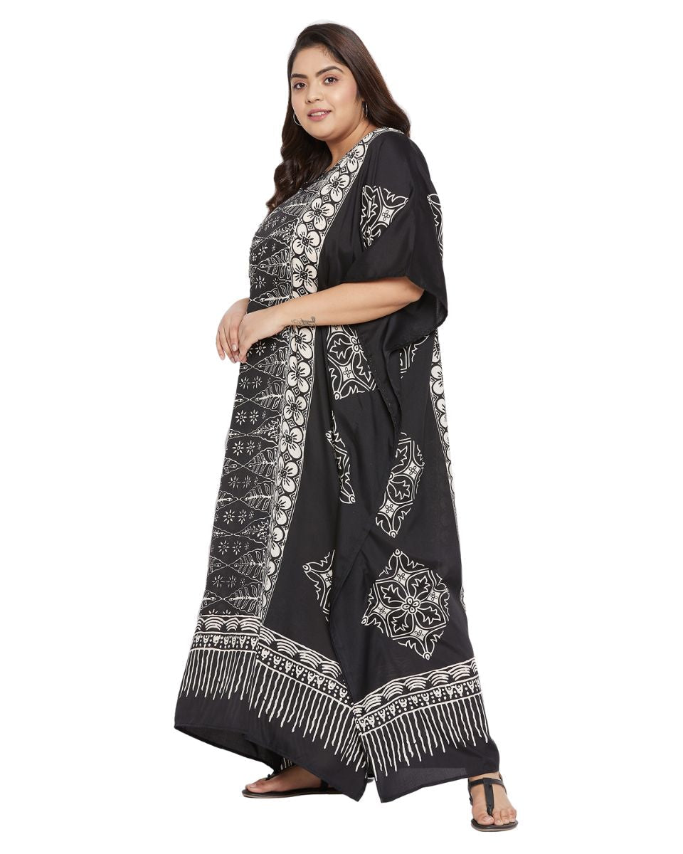 Floral Printed Black Polyester Kaftan Plus Size Dress For Women