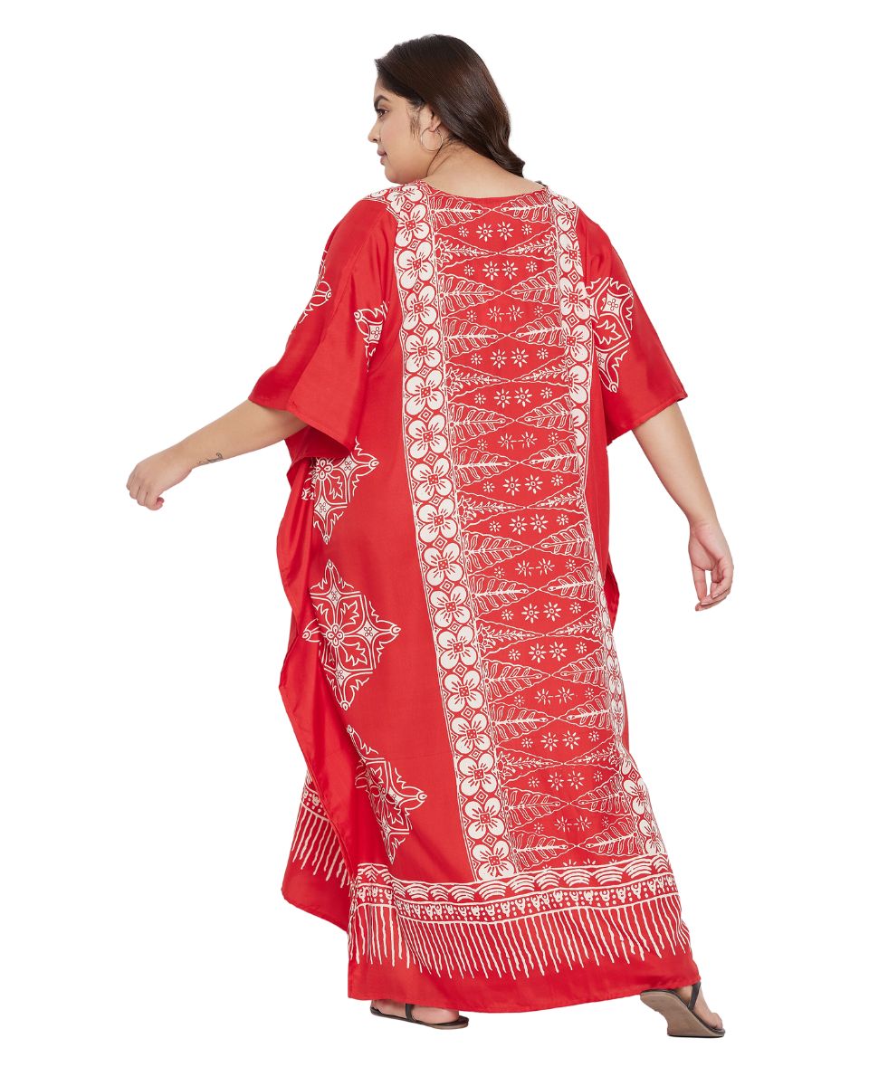 Floral Printed Red Polyester Kaftan Plus Size Dress For Women