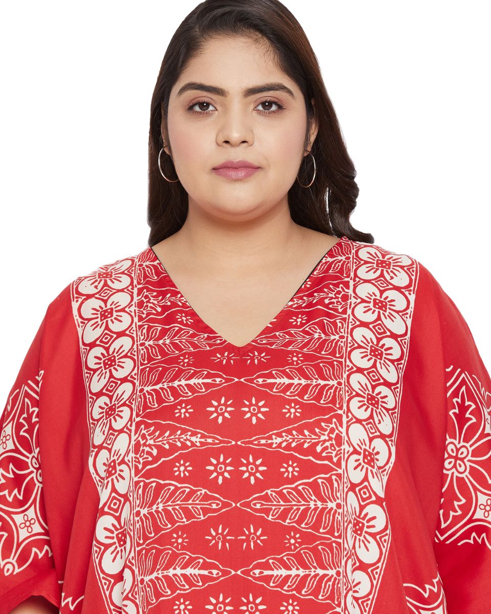 Floral Printed Red Polyester Kaftan Plus Size Dress For Women